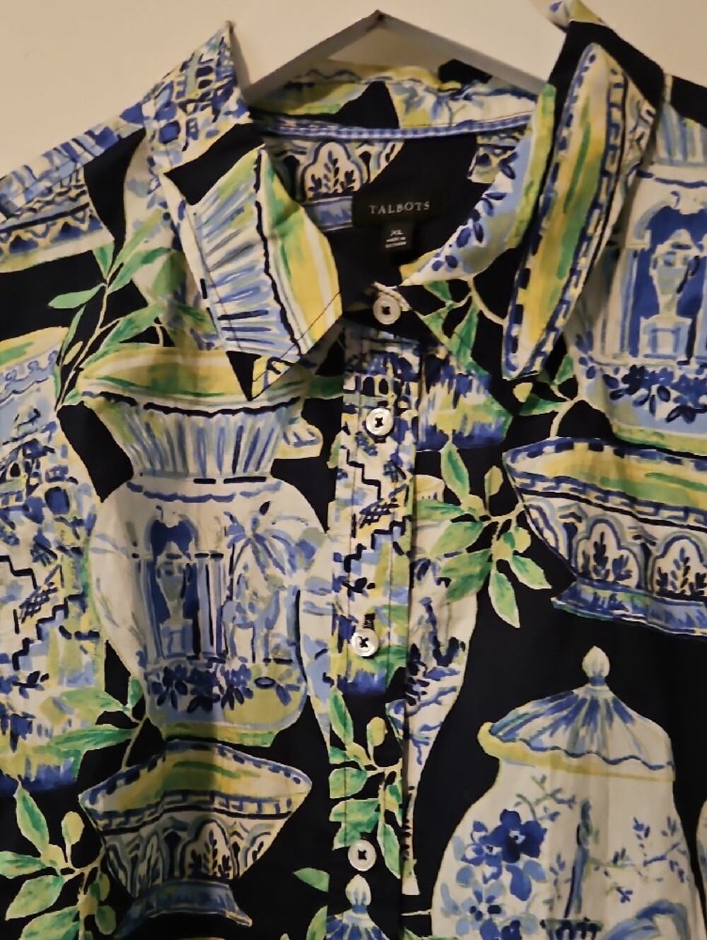Talbots Black Button-Front Shirt with Blue & Green Ceramic Jar Print - Picture 3 of 6